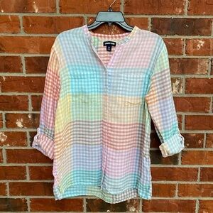 Lands End Womens Medium Linen Multicolor Plaid Button Down Roll Tab Shirt